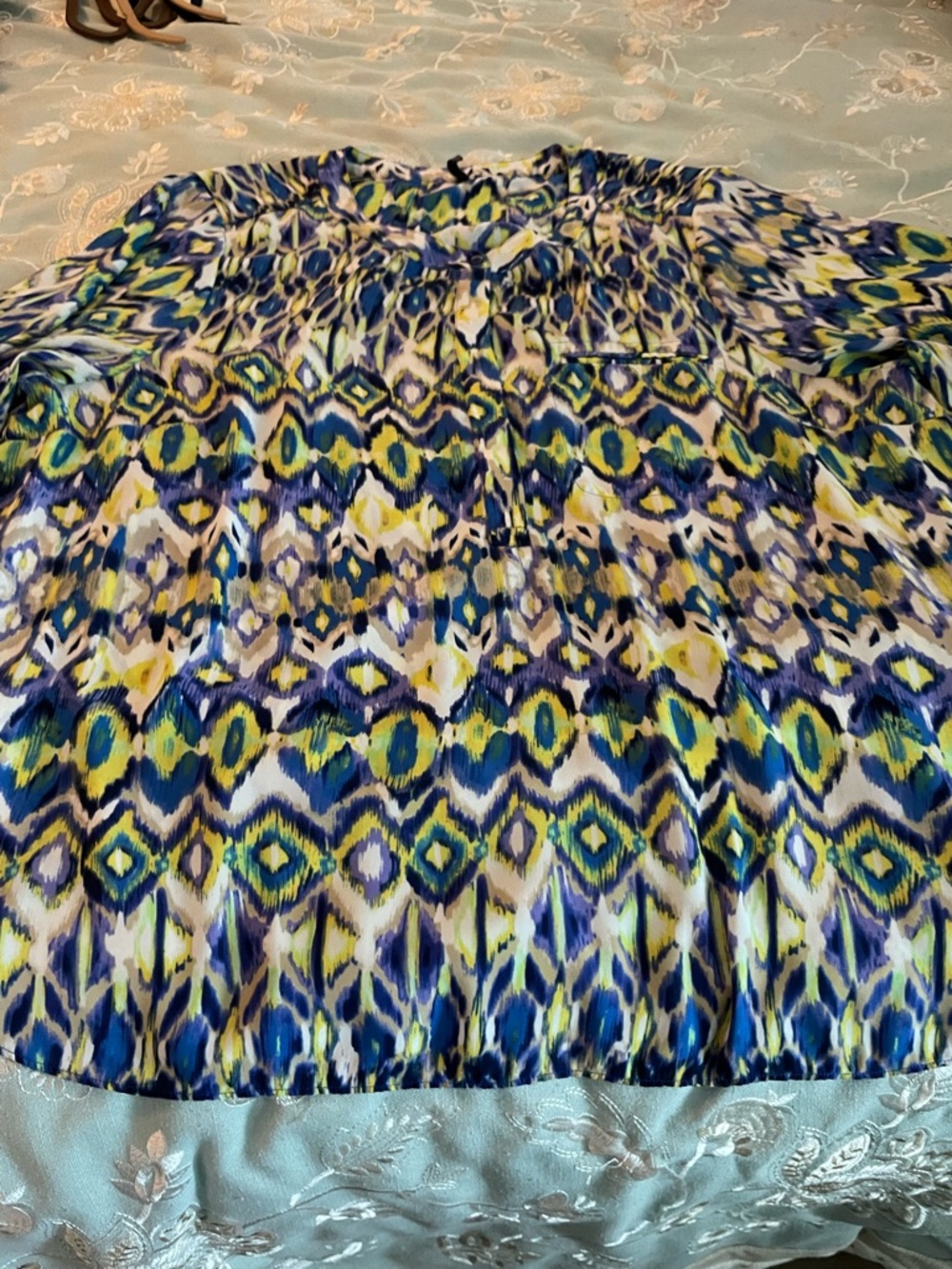 NYDJ Vibrant Ikat-Print Blouse in Blue, Yellow & Green - Picture 12 of 15